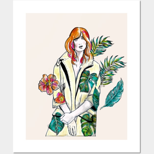 Woman with Red hair in a yellow floral coat - Fashion Illustration. Wall Art by FanitsaArt